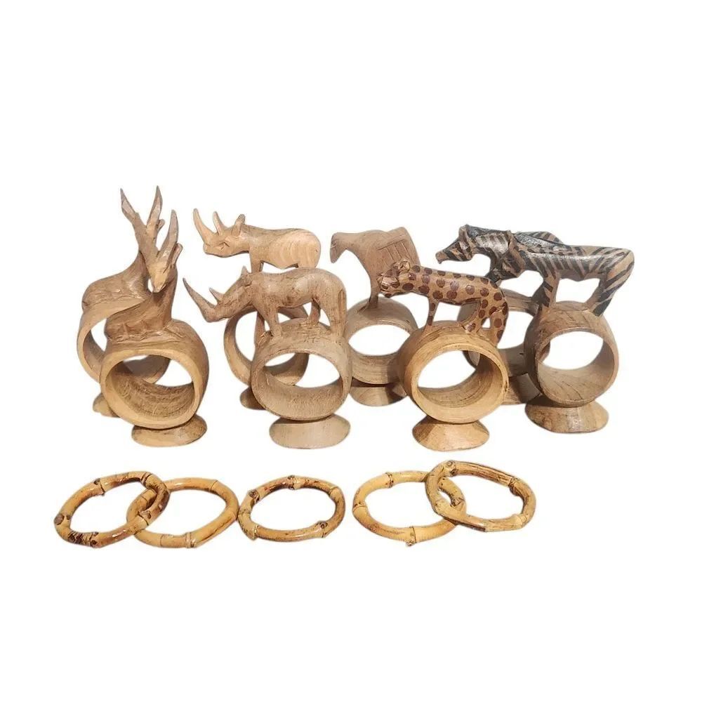 Hand Carved Napkin Rings Wood Made in Kenya African Animals Safari Set of 8